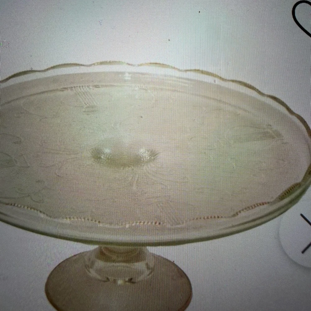 Antique  Glass Cake Stand Art Deco Ruffled Edge Musicsl Instruments 1950’s